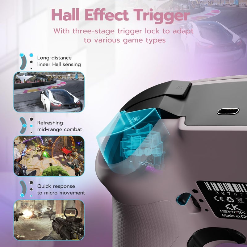 ISHAKO Wireless Gaming Controller – 1000Hz Polling, 1200mAh Battery PC Controller, Back Buttons, Hall effect Joystick, Hall Triggers, 3-Mode Triggers 2.4G&Bluetooth Controller for PC/Steam/iPhone/Android/Switch -Metallic Berry Powder - Image 4
